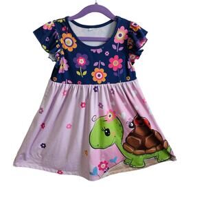 Girls Size M Floral Turtle Print Casual Dress Pink Blue Whimsical Princess Fairy